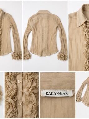 KAELYN-MAX Women's Ruffled Long-Sleeve Blouse in Beige